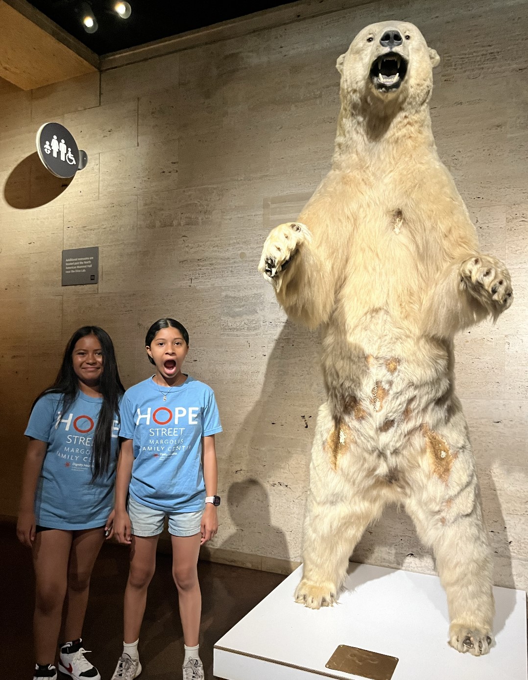 Students mimic a polar bear at the Natural History museum 