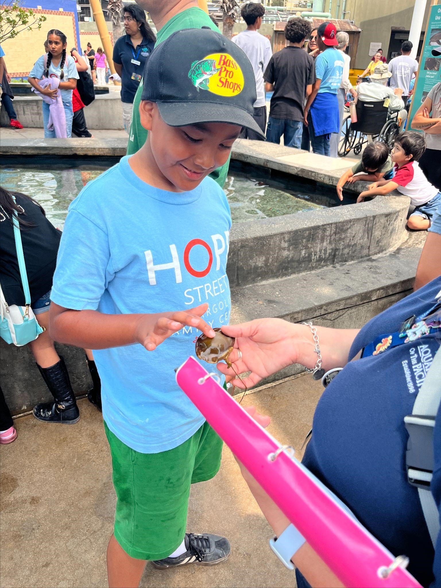 A student touches a shark egg presented by an Aquarium of the Pacific employee